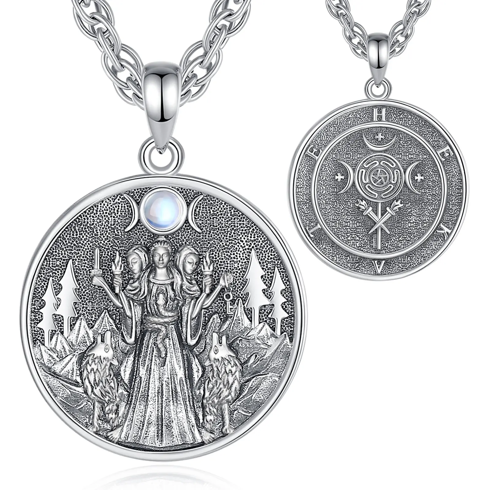 Double-Sided Triple Moon Goddess Moonstone Forest