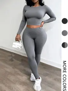 Women's Casual Plain Solid Long Sleeve Crop Top & Pants Matching Set Outfit, long johns,Fitted Two-Piece for Spring & Fall, Simple Fashion Style