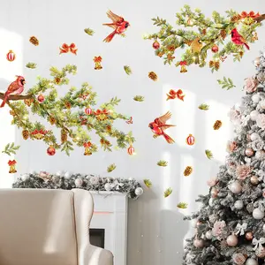 Set of 4 Hand-Painted Christmas Pine Branch Wall Stickers, Festive Bird and Bell Design for Living Room and Bedroom Decor