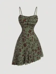 Butterfly Print Asymmetrical Hem Cami Dress - Summer, Party, Graduation, Floral