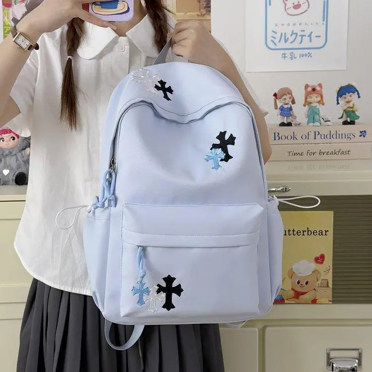 Light Blue Cross Embroidery Sweet Cool Backpack, Large Capacity Lightweight Student School Bag