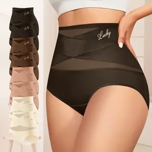 Morelect  High Waisted Underwear for Women, 3/4/5/6/8 Pcs Lucky Logo Embellished, Cross Ventilation Mesh Briefs, Breathable Lightweight, All Season Panties