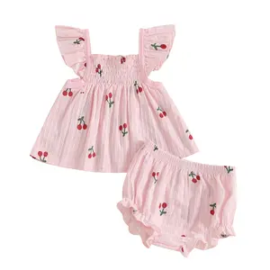 Baby Girl Summer Clothes Cute Cherry Ruffle Tops Dress Shorts Outfits Set Infant Toddler Shrit Bloomers Princess Outfit