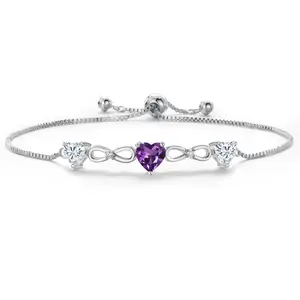 Gem Stone King Three Stone Gemstone Birthstone and White Moissanite Tennis Bracelet For Women | Heart Shape 6MM and 5MM | Fully Adjustable Up to 9 Inch
