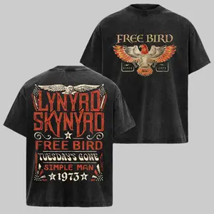 LYNYRD SKYNYRD Free Bird Band Washed Cotton Shirt, Men's Short-Sleeve Round Neck, Casual Simple Classic Rock Metal Band Merch, 90s Vintage Grunge Aesthetic Streetwear, Shortsleeve