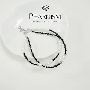 PEARLISM S925 Silver Double Layer Bracelet | 3-4mm Oval Freshwater Pearl & Black Crystal Strand (22cm / 8.7 Inch Length)-JFDB036