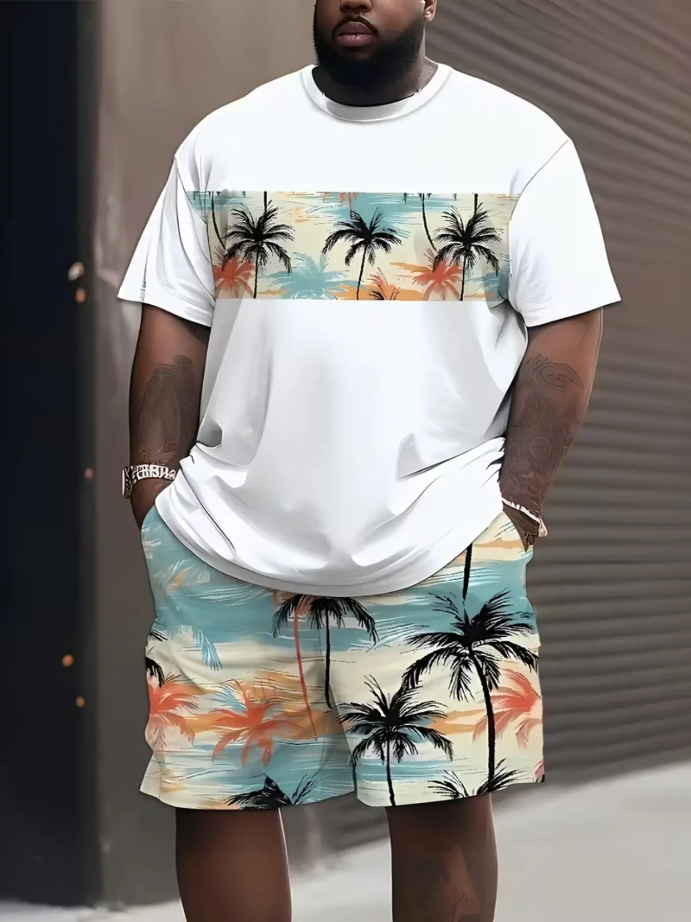 Men's Tropical Palm Tree 3D Print Short Sleeve Shorts Set, Classic Casual Sportswear, Summer Wear, Round Neck, Elastic Polyester Blend, Plus Size, Menswear