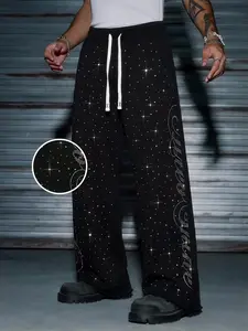 Men's Rhinestone Studded Drawstring Wide Leg Sweatpants, Y2K Streetwear Rhinestone Flared Track Pants, Black Oversized Trousers, Perfect for Street Style, Daily Wear #springsaledeals2026 #summeroutfits #tiktokshopmademebuyit #streetwear