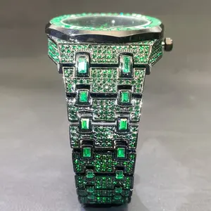 Luxury Iced Out Green Watch for Men - Square Rhinestone Hip Hop Jewelry Wristwatch with Quartz Movement, Water Resistant, Date Display, and Stylish Design -Father's Day gift