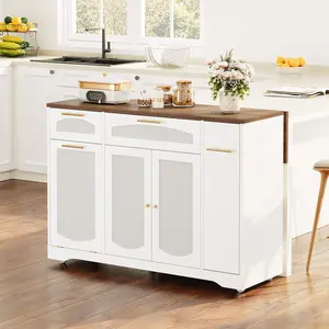 Expandable Rattan Kitchen Island Cart on Wheels – Drop Leaf Breakfast Bar, Tilt-Out Trash Can, Storage Cabinet, Drawer, Towel Rack – Mobile Organizer for Kitchen – White/Natural