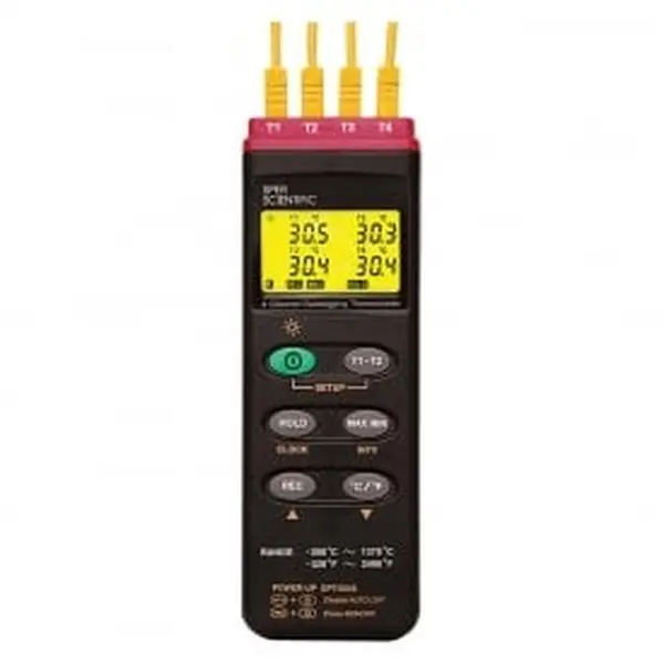 Sper Scientific 4-Channel Datalogging Thermocouple Probe Thermometer - 9V Battery Included, Batteries, Auto-Ranging, Auto Power Off, Software, 2 Beaded Wire Probes, 0.5% Rdg +1°C/2°F Accuracy, 0.525 lbs, Field-Ready Temperature Measuring Tool