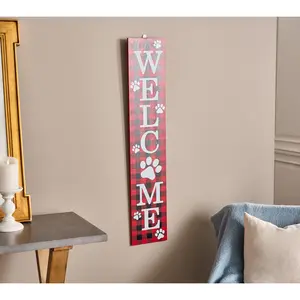 Glitzhome 42"H Wooden Plaid Paw Print "WELCOME"Porch Sign