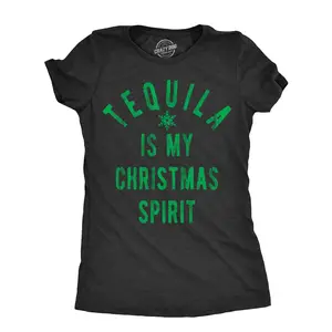 Womens Tequila Is My Christmas Spirit T Shirt Funny Xmas Holiday Booze Drinking Lovers Tee for Ladies Funny Womens T Shirts Cute Vintage Fashion Casual Ladies T-Shirt Gift Christmas Tops for Women Funny Liquor Black -