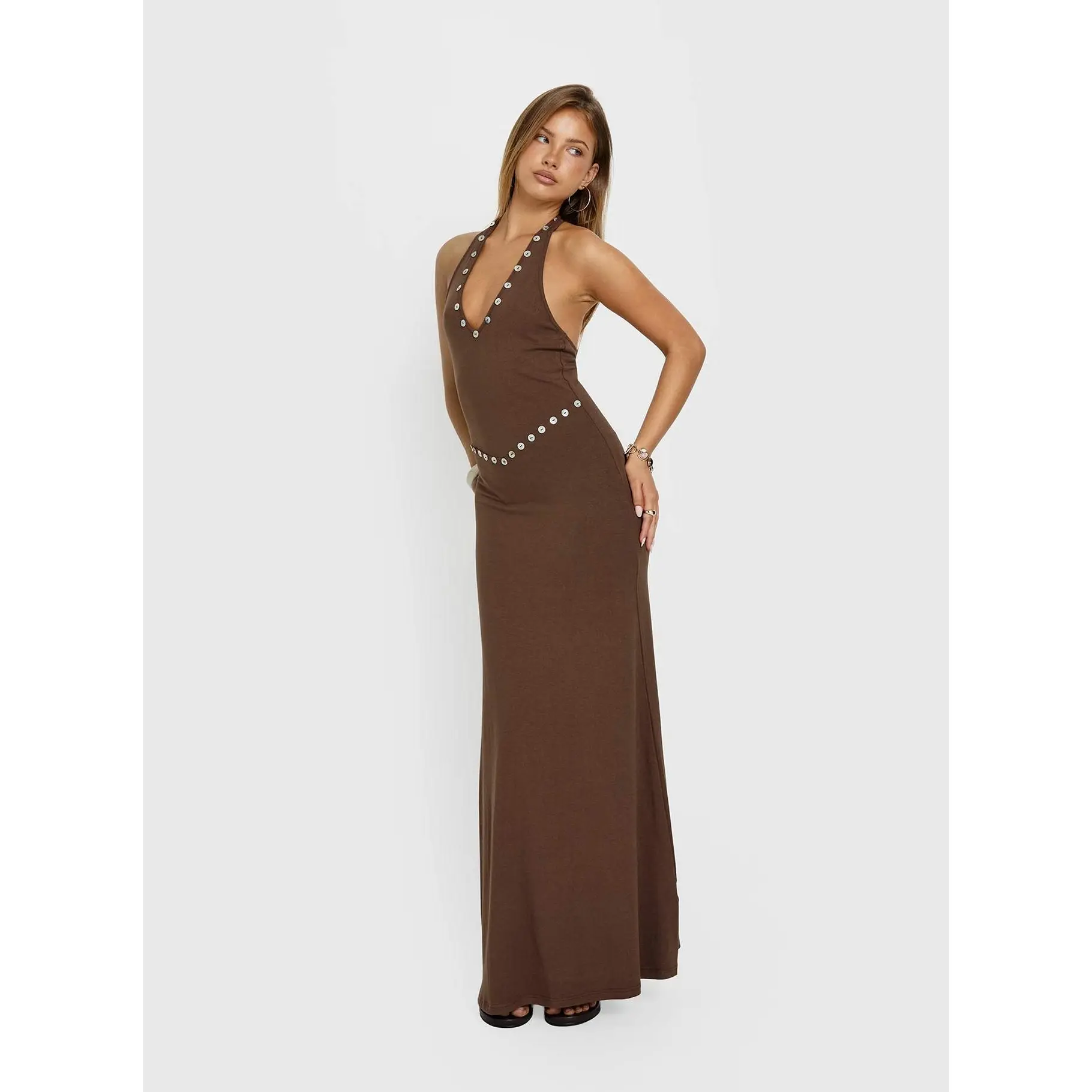 Correna Embellished Halter Maxi Dress Chocolate