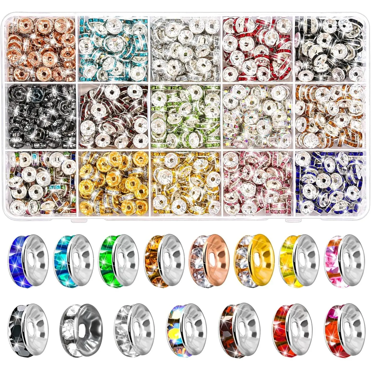 900 Pieces Rondelle Spacer Beads for Jewelry Making, 8mm Rhinestone Spacer Beads Crystal Bead Spacers for Bracelets, Focal Beads for Earrings Necklaces