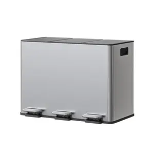 3-Compartment Stainless Steel Kitchen Trash Can - 45L Capacity, Soft-Close Step Pedal, Removable Inner Buckets & Side Handles - Slim Waste Separation & Odor Resistant Recycling Bin