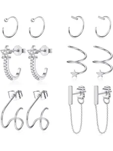 6Pairs Huggie Half Hoop Stud Earrings Stainless Steel Cartilage Chain Earrings Set for Women Helix Ear Piercing Jewelry