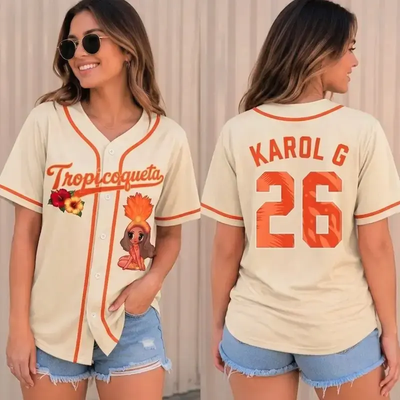 Unisex K-Karol Tropicoqueta Baseball Jersey, Viajando Por El Mundo Button Down Jersey, Orange Black Beige Graphic Baseball Shirt