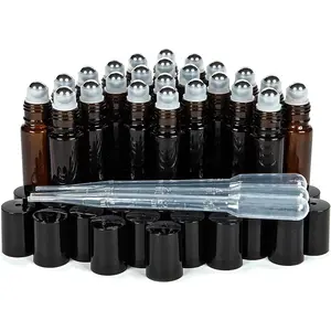 , 24, , 10 ml Glass Roll- Bottles with Stainless Steel Roller Balls. 3-3 ml Droppers included