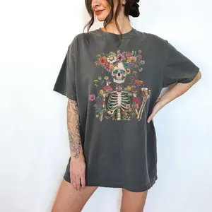 Comfort Colors Skeleton Floral Coffee Shirt, Colorful Flower Skull T-Shirt, Vintage Skeleton Tee, Quirky Floral Skeleton Gift for Her