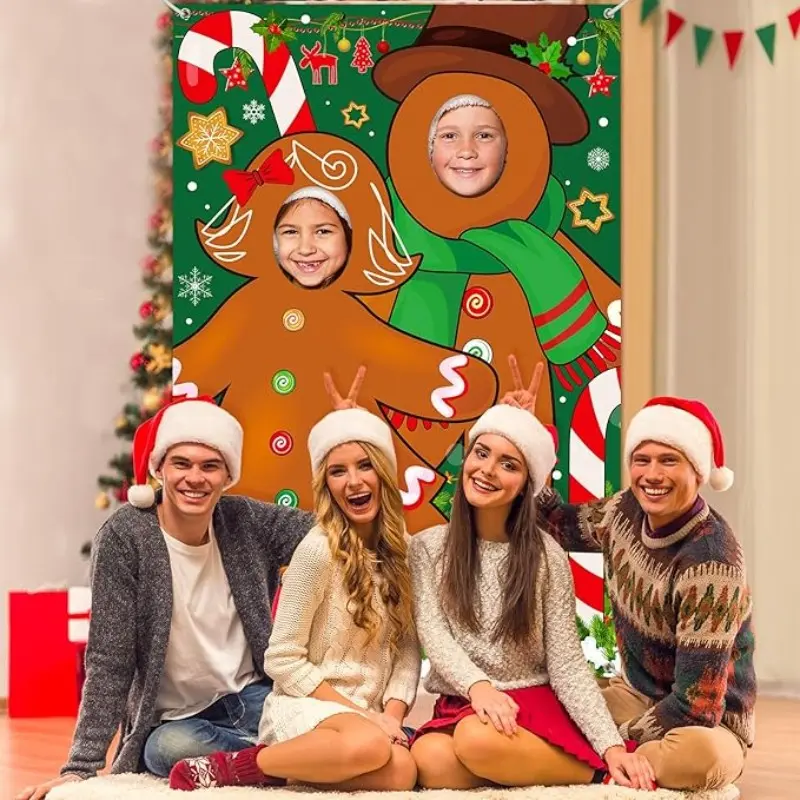 2D Flat Banner Door Cover, Gingerbread Background Christmas Photo Booth, Large Christmas Photo Frame, Pull Flag Banner, No Power Needed