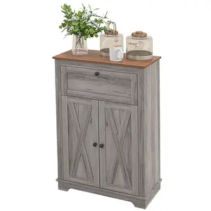 Dark Gray Woodgrain Farmhouse Sideboard Storage Cabinet Stylish X-Brace Door with Vintage Metal Handles Single Drawer Two-Tier Door Cabinet Adjustable Inner Shelf Water-resistant Melamine Particleboard Anti-Tipping Design Total Load 110 Lbs
