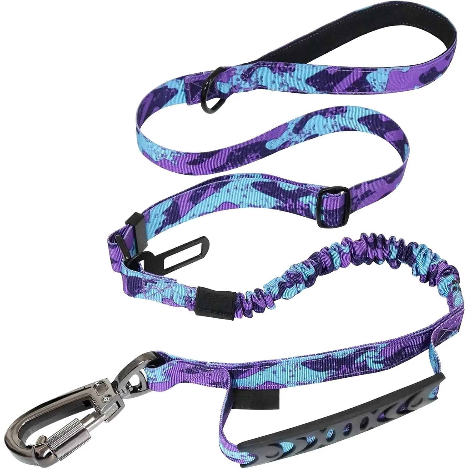 Tactical Dog Leash Heavy Duty for Medium Large Dogs that Pull,4-6Ft Strong Bungee Shock Absorbing No Pull Dog Leash with Padded Double Handle and Car Seatbelt,Purple Camo