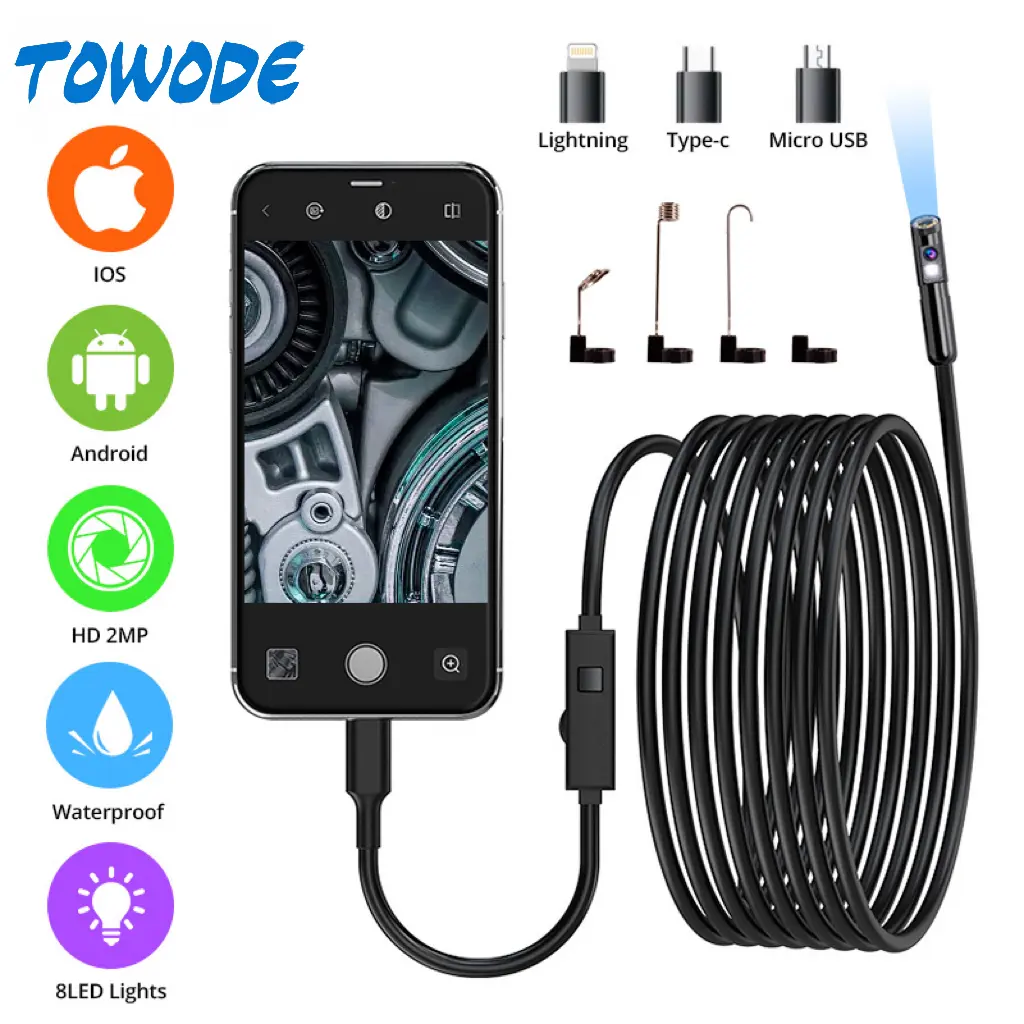 TOWODE Waterproof Endoscope Camera with Light,HD 2MP  Endoscope with Semi-Rigid Snake Camera with 8LED Lights  with 8LED Lights with iOS Android Lightning Type-C Micro USB Cables