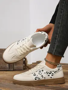 Leopard Print Training Shoes, Low Saturation Leopard Pattern, Retro Atmosphere, Casual PU Upper, Rubber Sole, All Seasons, Sneaker