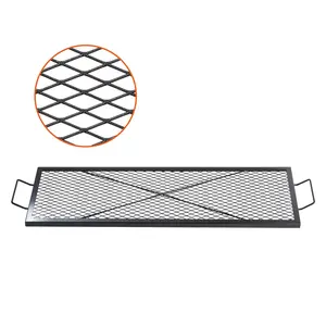 X-Marks Rectangle Fire Pit Grill Grate - Heavy-Duty Steel Campfire Grid with Handle & Support X Wire, Portable Camping Cookware with Barbecue Accessories & Utensils, For Outdoors Parties, Compatible with Portable Grill Stoves