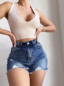 Women's High Waist Washed Distressed Denim Shorts, Fitted Hemline Slimming Hot Pants, Urban Fashion Aesthetic Streetwear, Casual Daily Wear