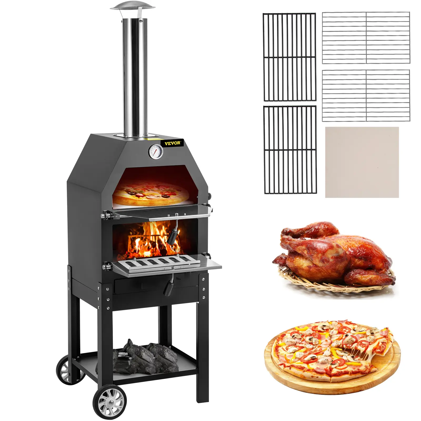 VEVOR Outdoor Pizza Oven, 12" Wood Fire Oven, 2-Layer Pizza Oven Wood Fired, Wood Burning Outdoor Pizza Oven with 2 Removable Wheels, 700℉ Max Tempera