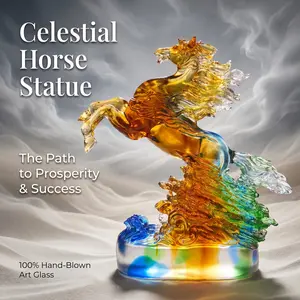 Krystal 100% Hand-Blown Liuli Celestial Horse Statue, Rainbow Gradient Art Glass, Traditional Chinese Flying Horse, Success & Career Prosperity Symbol, Unique Oriental Decor Gift
