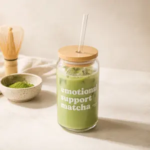 Mindful Drops Emotional Support Matcha 16oz Sipper Glass - Trendy Drinkware with Bamboo Lid and Glass Straw