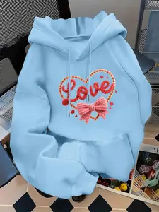 Women's Fashion Hooded Sweatshirt, Valentine's Day Limited Edition Plush Love Letters & Heart Pattern, Kangaroo Pocket, Fall Winter Long Sleeve