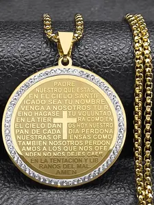 The Lord's Prayer God Letter Print Cross Bible Spainsh Verse Engraved Religious Necklace Name Engraved Pendant for Women Men Stainless Steel Jesus Flat Byzantine Chain collar hombre