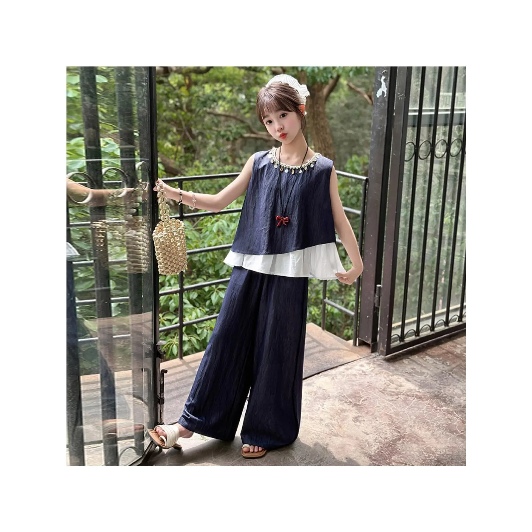 Boho Chic Girls Denim Patchwork Set - Statement Top & Bottom, Trendy Summer/Fall Outfit for Little Fashionistas