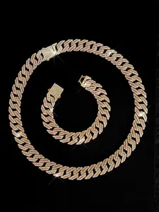 Fashion Trend Sparkling Blingbling Cuban Chain Style Necklace Bracelet Set, Colorful Rhinestone Accents Jewelry for Men Women, Party Festival Wear