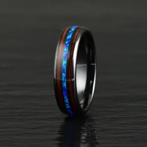 Rings By Pristine Black Ceramic Koa Wood Blue Opal Women's Wedding Band 4MM