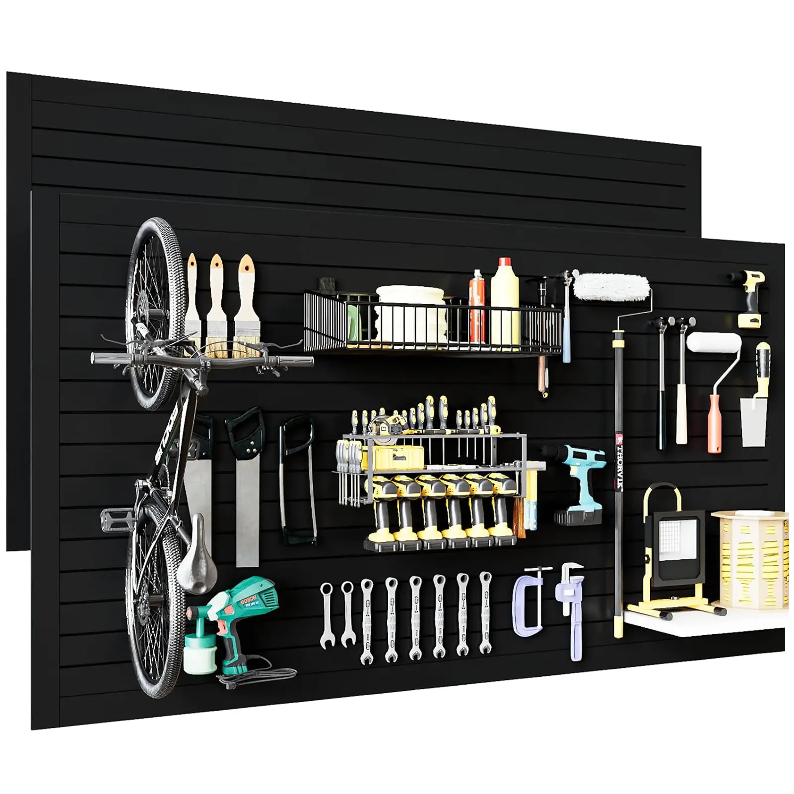 2Pcs 4 x 8ft Slat Wall Paneling Garage Wall Organizer, Slatwall Panels Garage Tool Organizer Wall Mount Garage Slat Wall Storage Systems, Slat Board PVC Wall Panels Garage Storage (Black)