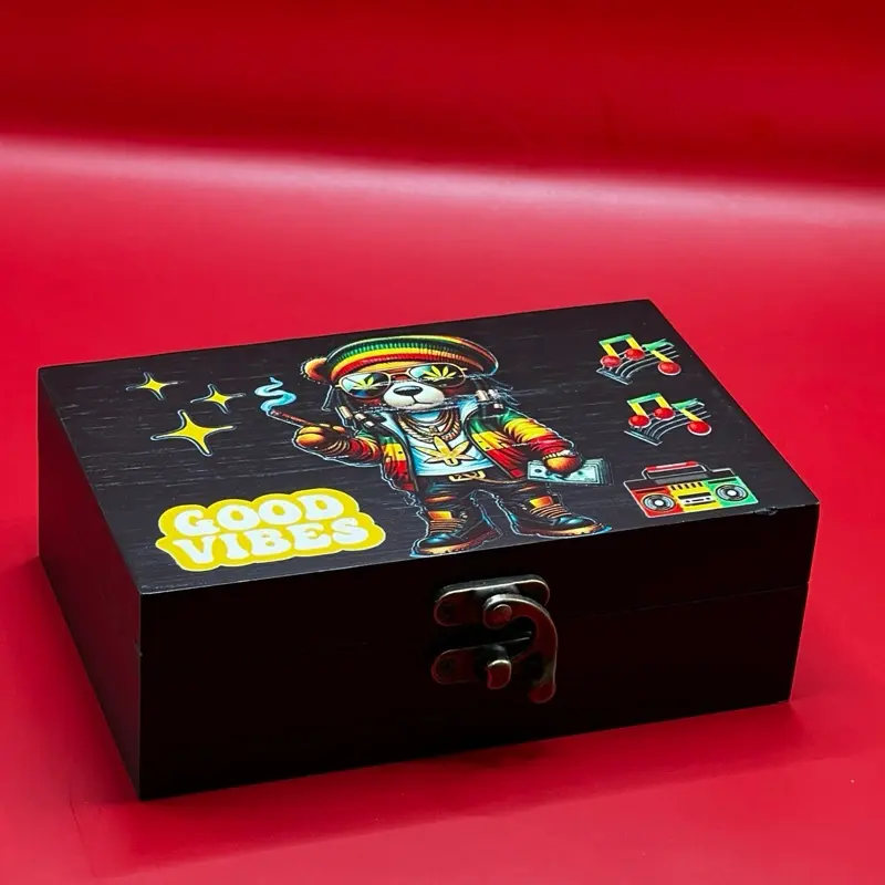Good Vibes Bear Custom Memory Box - Portable Wooden Storage Box with Felt Lining, Black Finish, Rectangular Design for Jewelry, Home & Office Use Gift Container Print Organizer