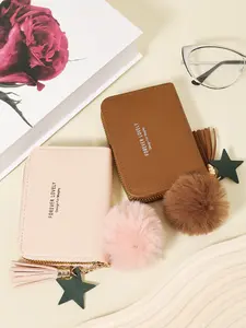 Fashion Purse, With a Pom-pom Charm, High quality credit card storage bag, simple casual multi card holder with double zippers, wallet carrying bag, simple casual multi card holder, suitable for outdoor activities, travel, and returning to school