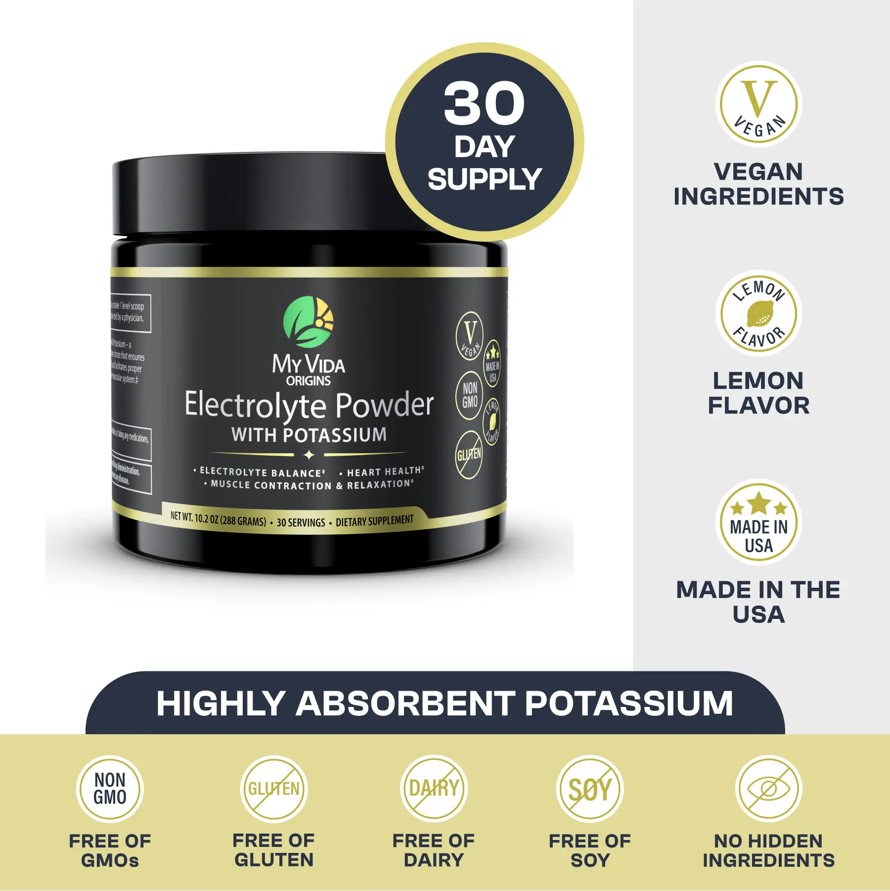 My Vida Origins Electrolyte Powder Enhanced w/ 2000mg of Potassium Citrate | Zero sugar Sweetened with Monk Fruit | Lemon Flavor - 30 Day Supply Suppl