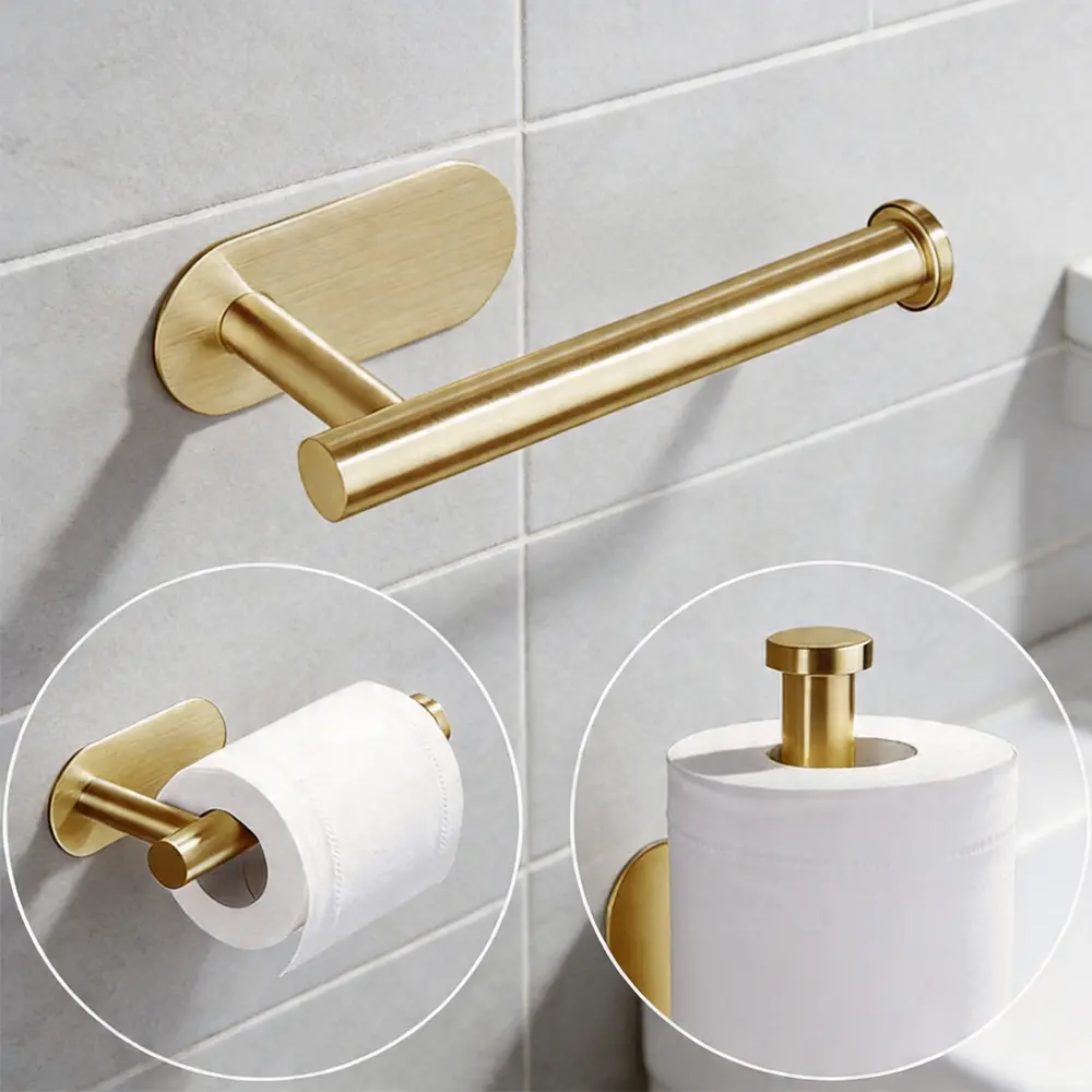 4-Piece 304 Stainless Steel Bathroom Hardware Set - No-Drill Self-Adhesive Waterproof Wall-Mounted Bathroom Accessory, Contemporary 2.5kg Indoor Use Set with Tissue Holder, Towel Rail, Towel Ring, Adhesive Hook for Horizontal/Vertical Installation, Adhesi