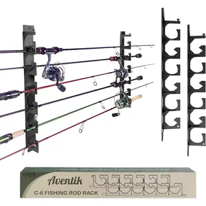 Horizontal Fishing Rod Holder for Garage Wall or Ceiling Mounted Fishing Pole Holder Holds 6 Rods or Combos, Fishing Rod Rack for Wall, Fishing Rod Storage Organizer (Black)