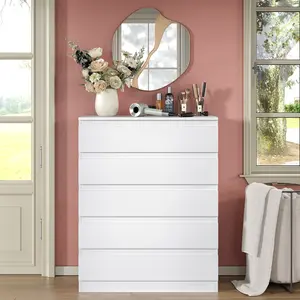 Five-Drawer Modern White Chest of Drawers Solid Wood Bedroom Storage Cabinet Space-Saving Design Generous Storage Easy Assembly Ideal for Compact Spaces & Bedrooms