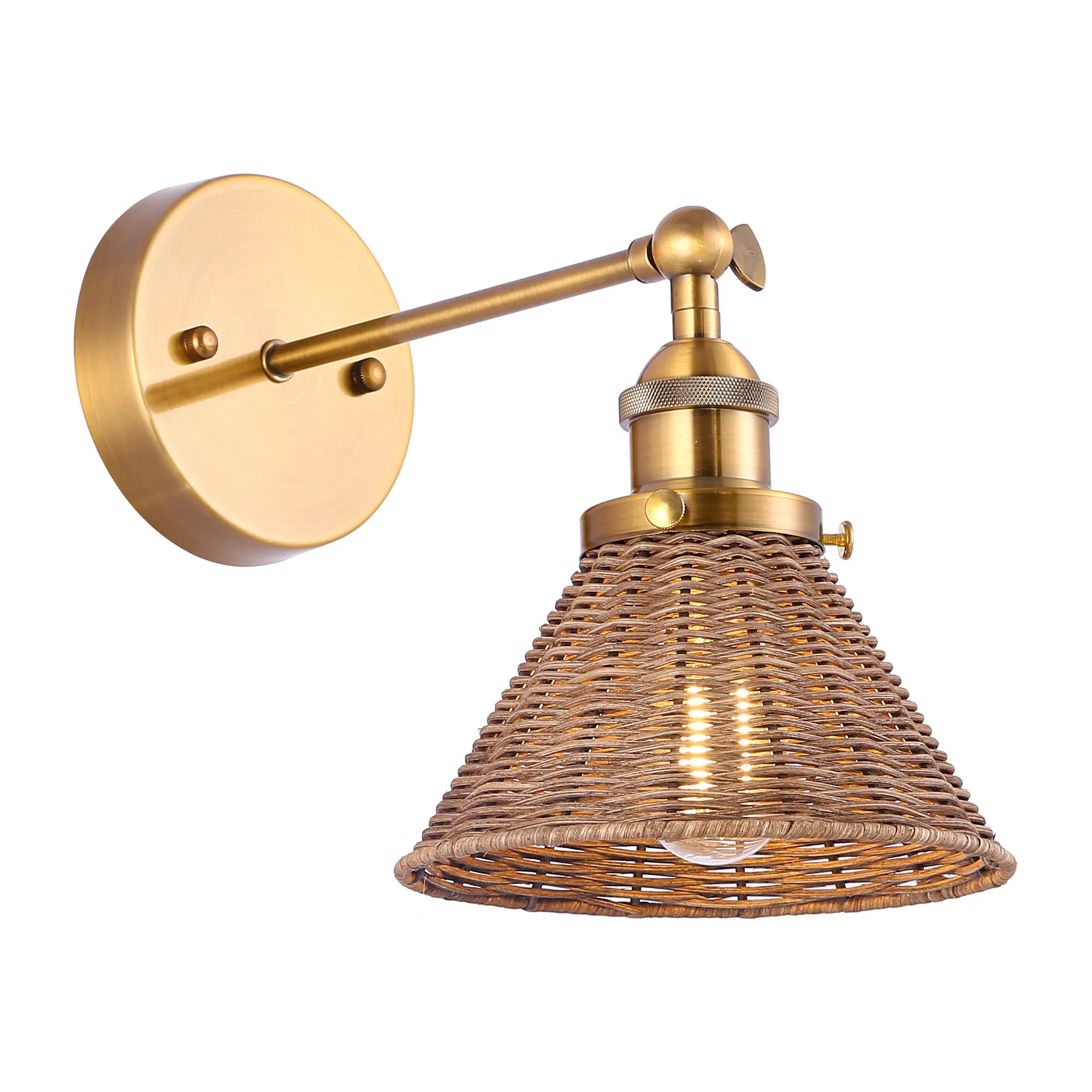 PARROT UNCLE Indoor Traditional 1-Light Golden Wall Lighting with Adjustable Rattan Lampshade Modern Style Iron & Rattan