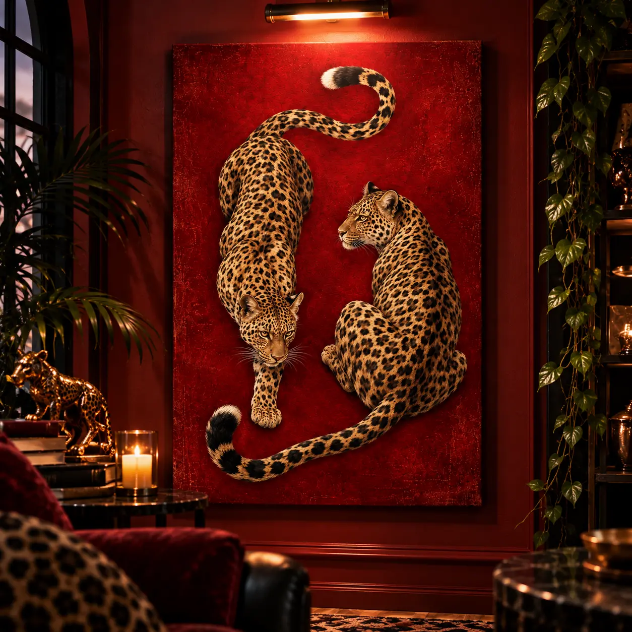 Vintage Leopard Canvas Wall Art Poster, Two Golden Leopards on Deep Red Background, Retro Wildlife Animal Print, Bold Y2K Maximalist Aesthetic Decor, Burgundy Cheetah Style Artwork for Bedroom Living Room Apartment, Eclectic Home Decor, Unique Gift