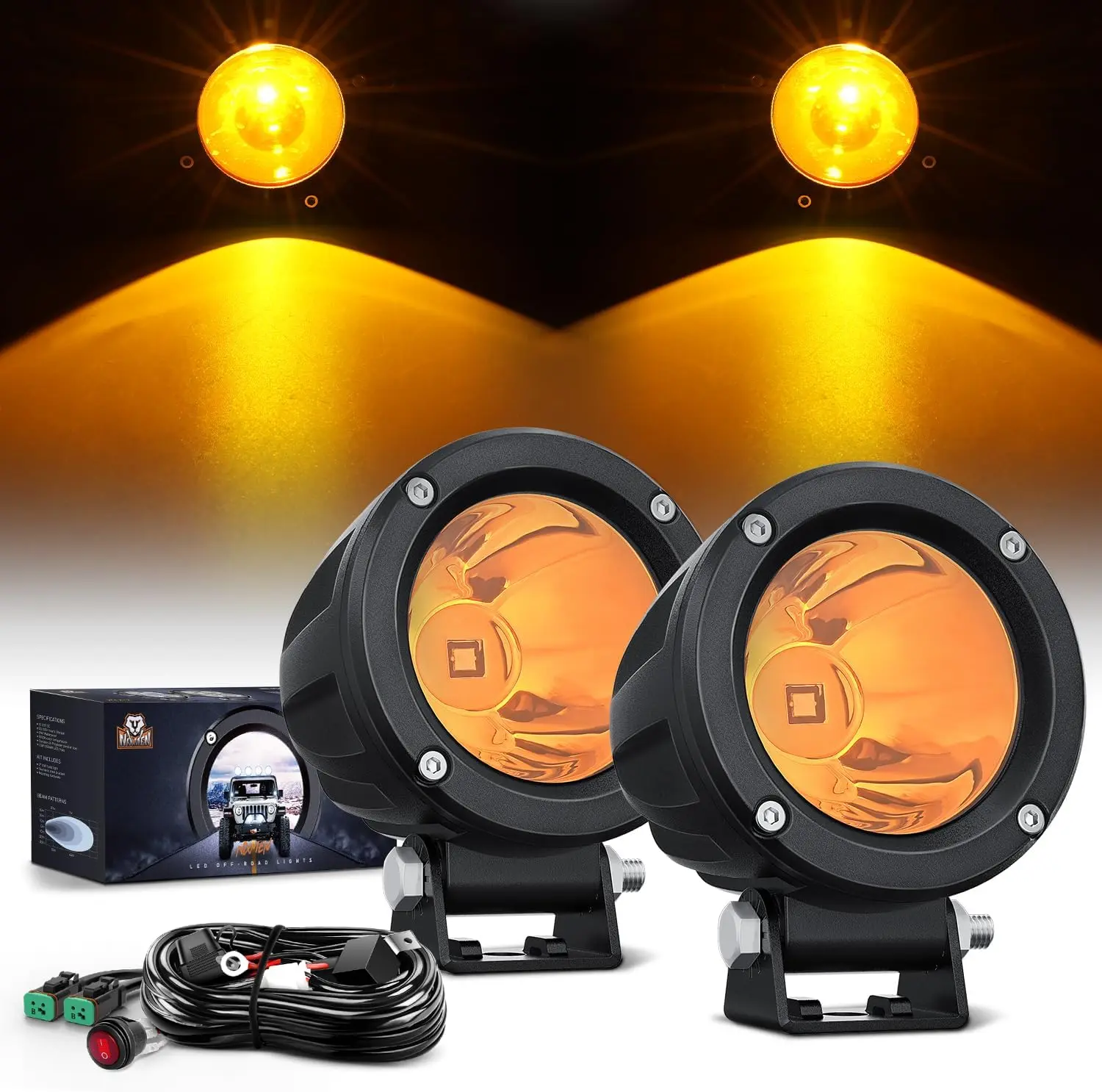 Nilight 3-in-1 Round Motorcycle LED Pods (2PCS) - High Lumen Headlight, 18AWG DT Plug-and-Play Wiring Harness Kit, Built-in EMC, Offroad Spot LED Lights, Motorcycle Parts for Motorbikes, Boats, Snowy Weather Use
