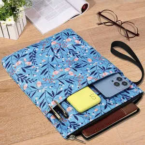 Blue Floral Book Cover with Pocket, Wrist Strap, Zipper, Washable Durable Fabric, Suitable for Paperback/hardcover, Daily Reading Protection